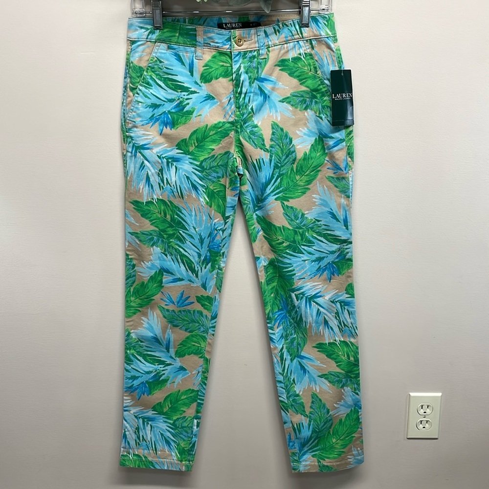 NWT Lauren Ralph Lauren Tropical Palm Print Khaki Chino Pants 0